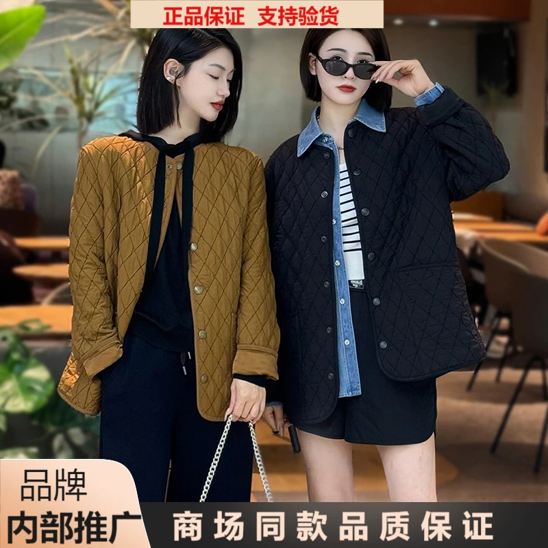 【商场同款】2025秋冬新款黑色轻薄菱形格压线雪丽长袖保暖棉服外套