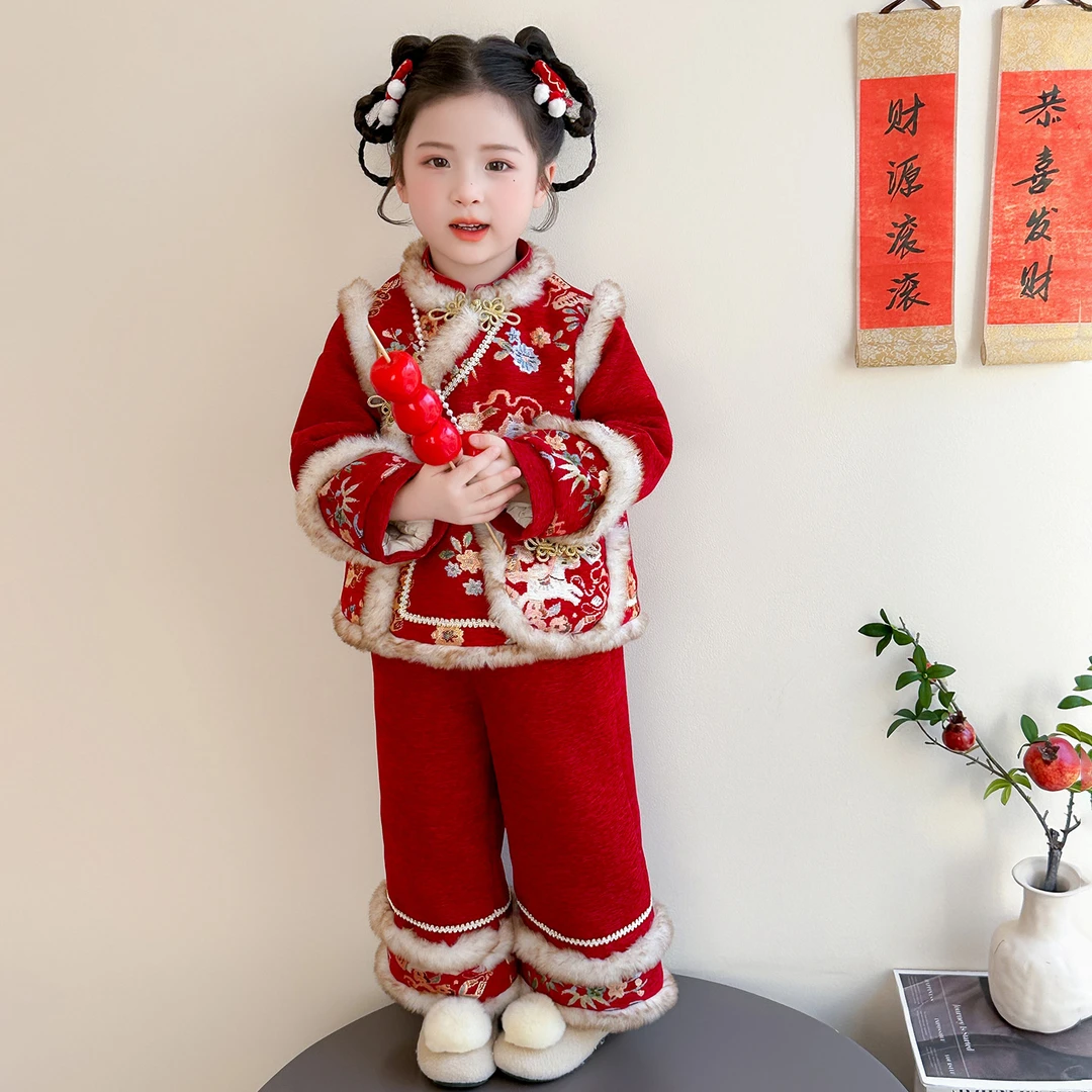 汉服女童马年拜年服加绒套装冬款2026新儿童喜庆唐装宝宝过年衣服