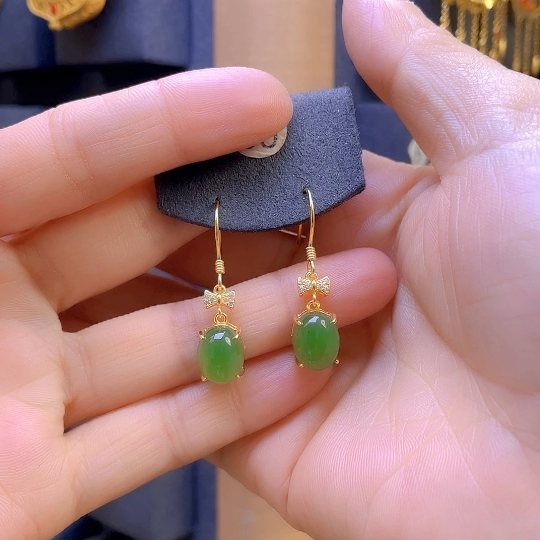 和田玉耳饰银S925镀金镶嵌