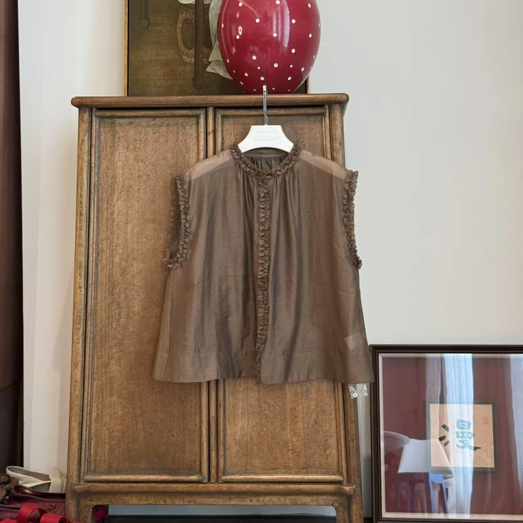 MYL 2025年夏季新款粘纤咖啡色无袖衬衫木耳边圆领休闲上衣衬衫