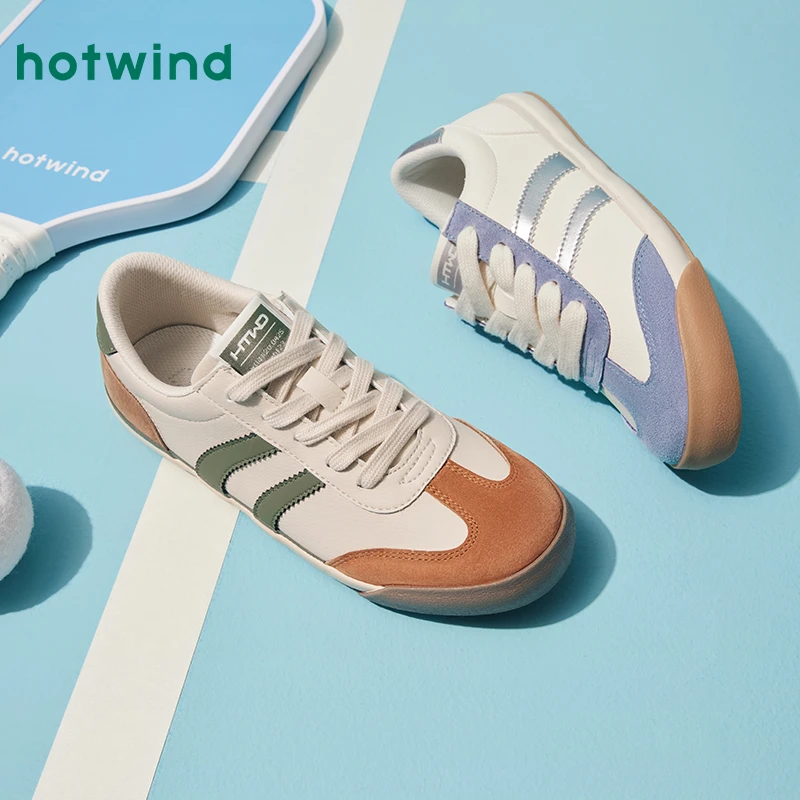 热风德迅鞋2025年春季新款女士时尚圆头系带拼色休闲鞋H14W25109