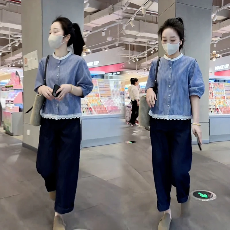 高级感洋气百搭短款条纹衬衫女夏季爆款遮肉宽松上衣休闲裤两件套