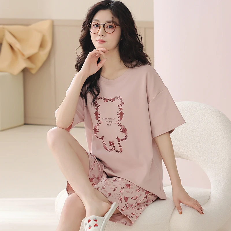 卡之恋睡衣夏季女款纯棉粉色短袖甜美碎花日系小熊短裤学生家居服