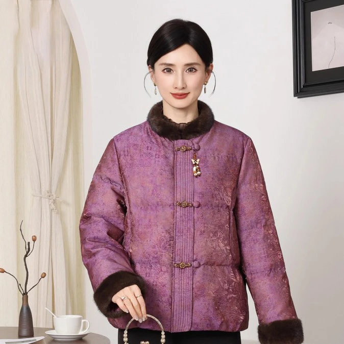 高档妈妈装冬装新年战袍羽绒服中老年女装新中式贵气提花保暖外套