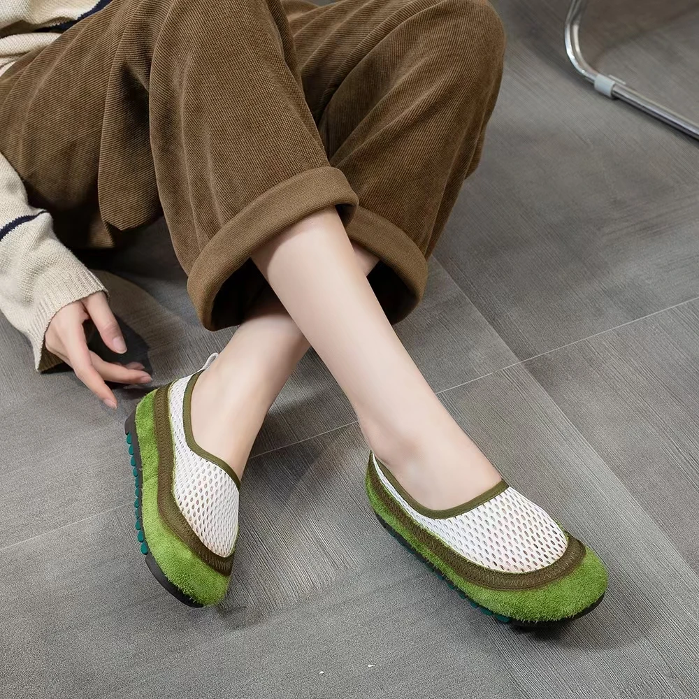 2025手工软底拼色牛皮女鞋网纱新款复古一脚蹬懒人鞋平底网面凉鞋
