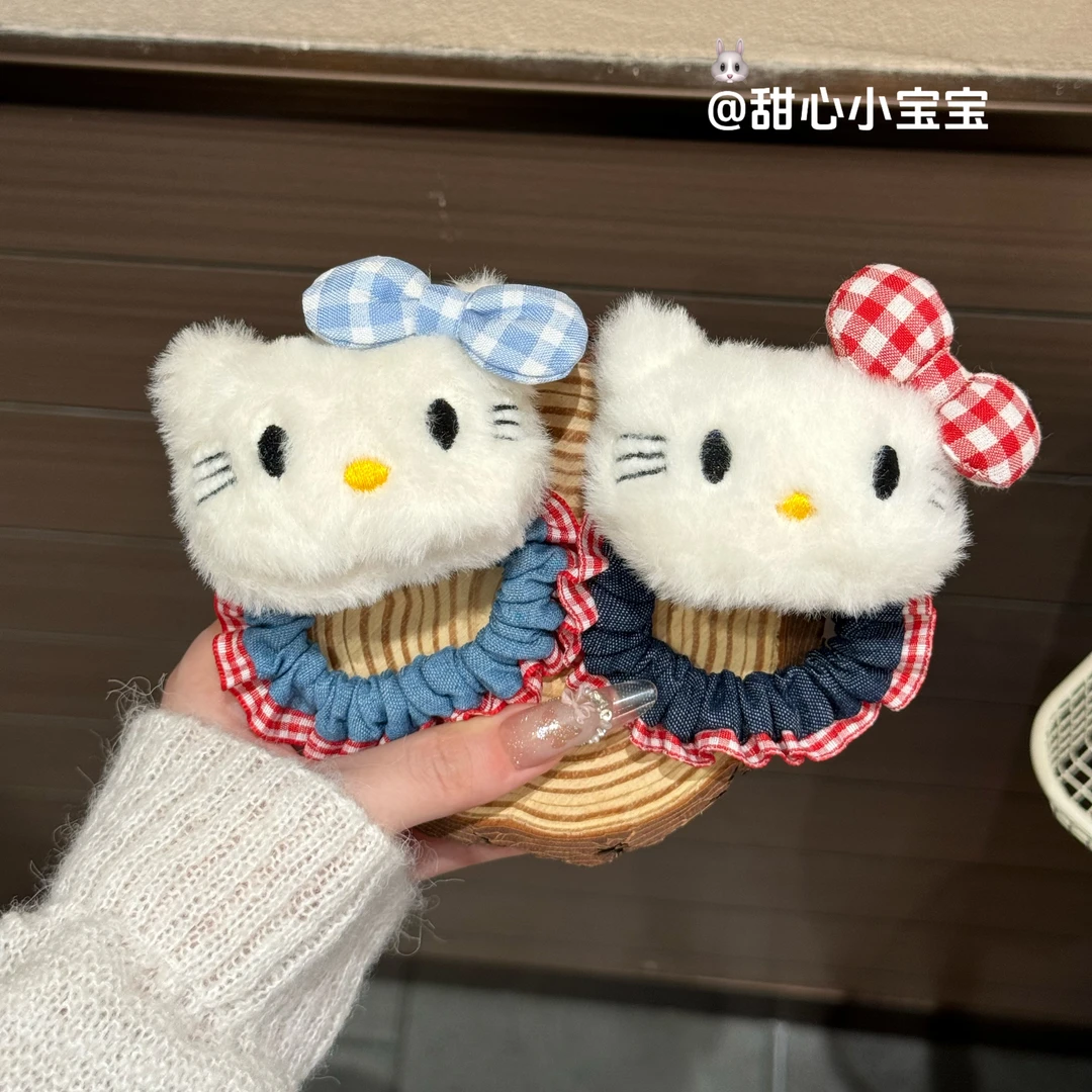 可爱蓝色格子猫咪牛仔发圈日系甜美高颜值少女马尾发绳百搭发饰
