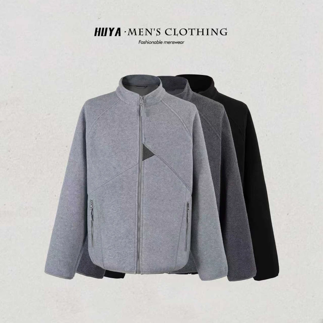 虎牙兄弟秋季立领外套男肌理色纱摇粒绒休闲舒适保暖上衣男F25113