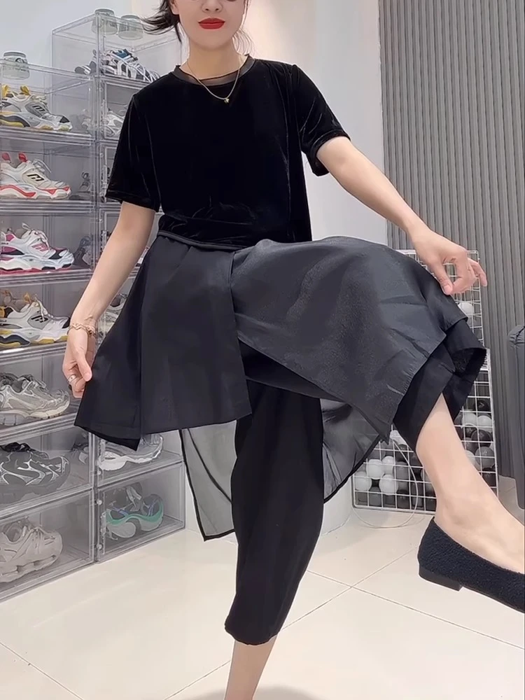 欧货新款洋气个性棉麻八分休闲裤裙宽松显瘦假两件高腰拼接裙裤女