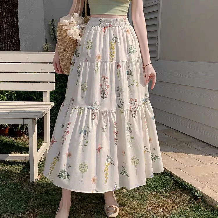 甜美碎花a字半身裙女夏季新款小清新松紧腰中长款百褶大摆裙