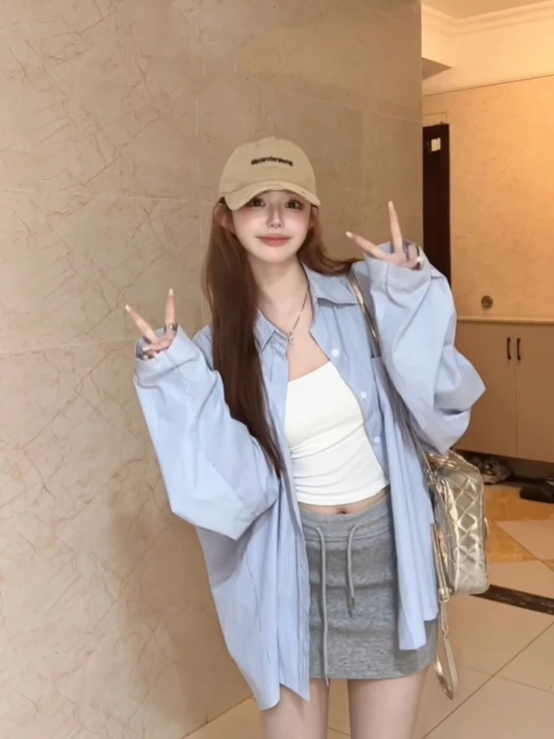 白色polo领衬衫女春慵懒休闲长袖上衣宽松外搭中长款防晒外套衬衣