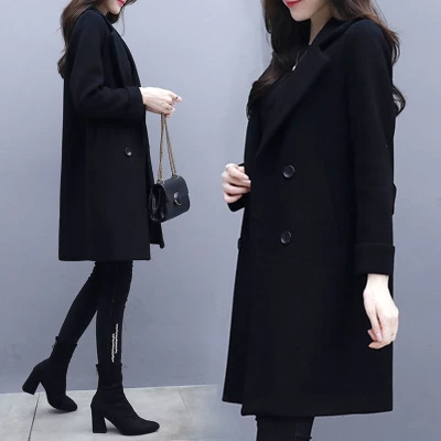 2025新款秋冬季加厚赫本风口袋毛呢大衣女黑色显瘦中长款呢子大衣