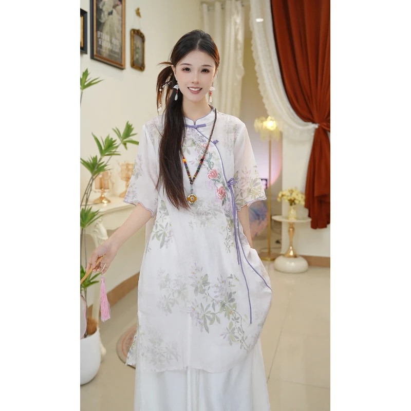 复古苎麻印花刺绣中长款连衣裙女夏新款文艺新中式气质上衣