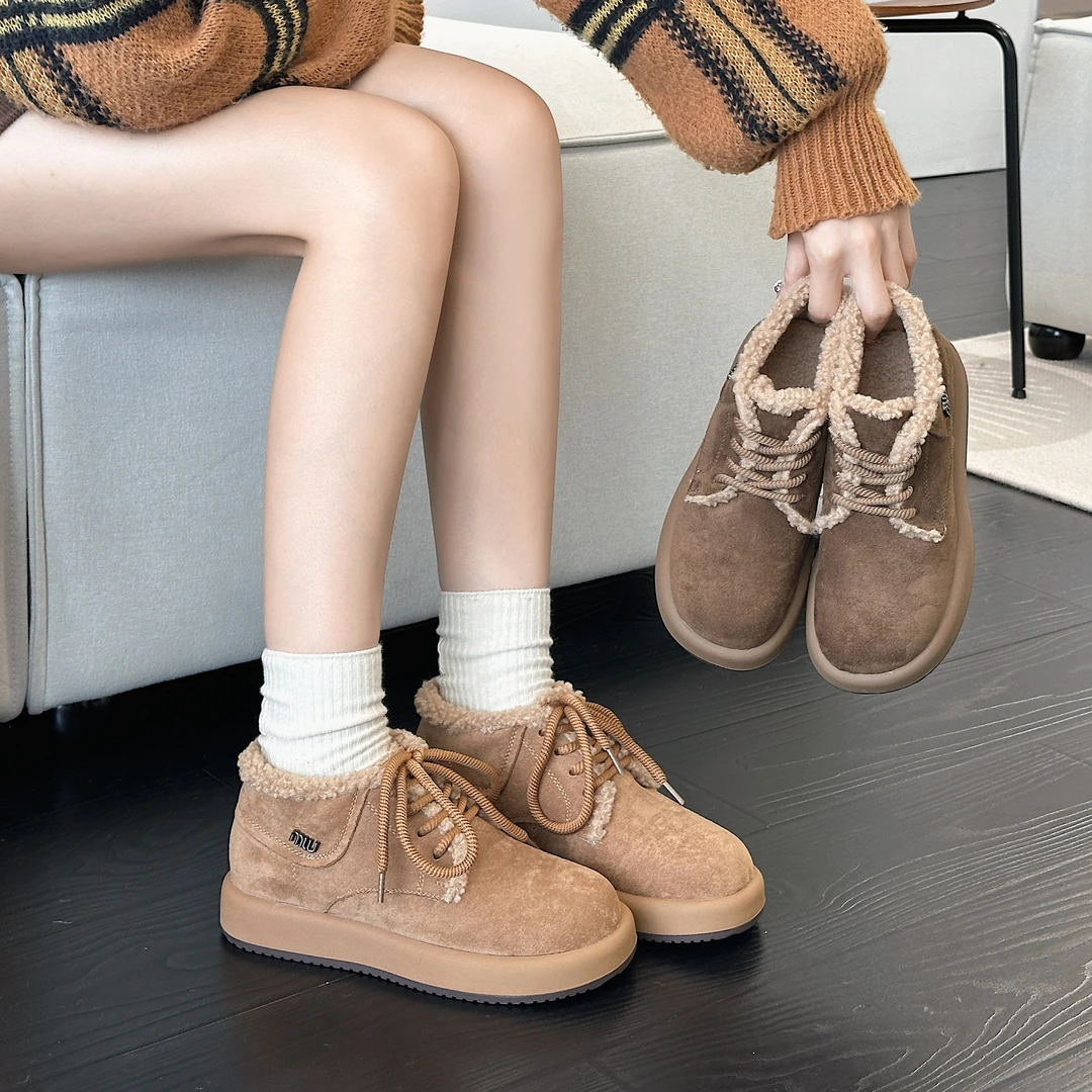 女式新款冬季加绒系带休闲棉鞋保暖鞋平底圆头舒适百搭爆款短靴
