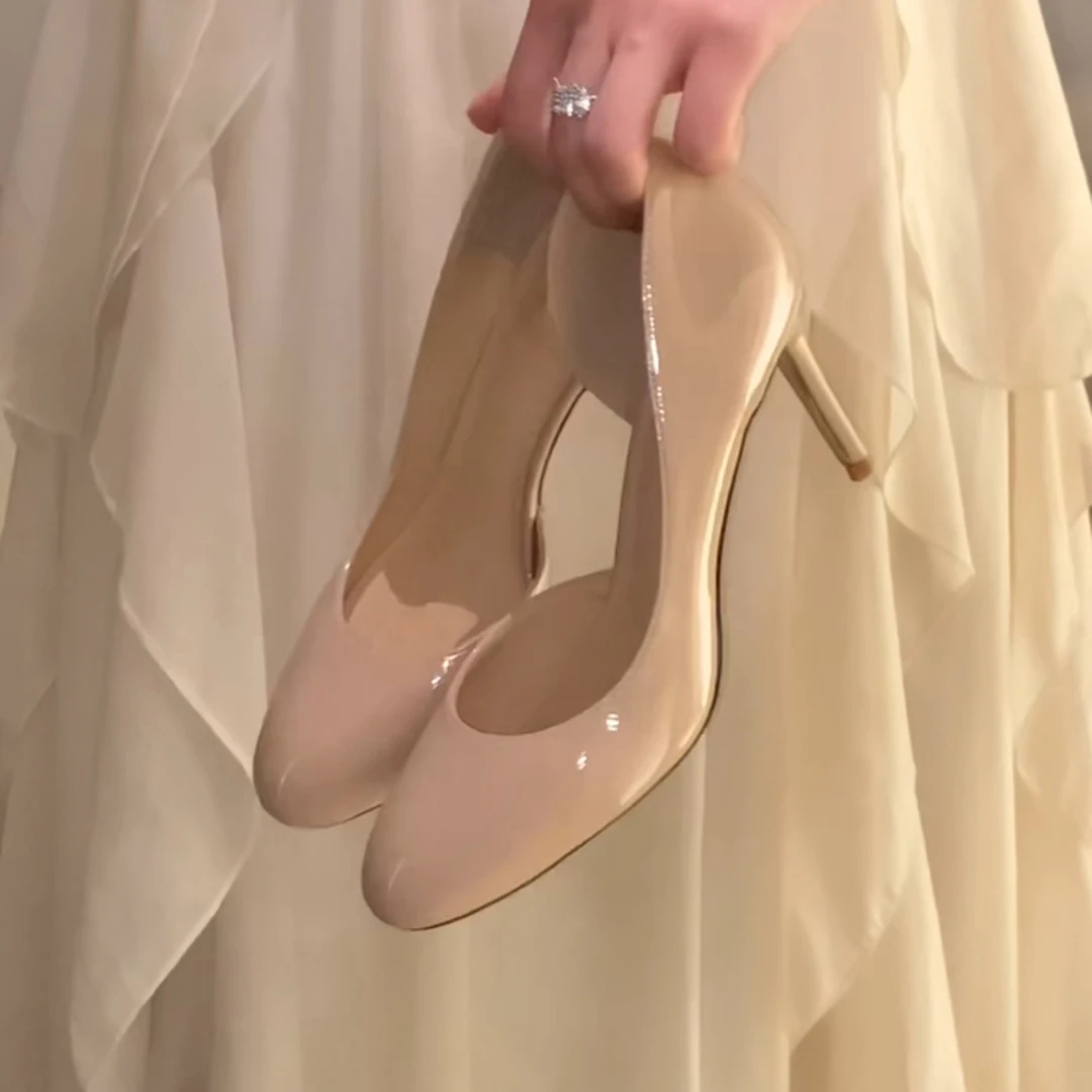 绝美不累脚高跟鞋裸色高级感细跟圆头侧空性感纯欲风单鞋女