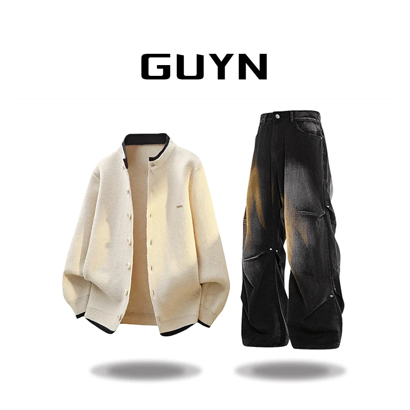 【品牌现货】GUYN美式休闲开衫毛衣男秋季慵懒纽扣设计宽松轻奢外套