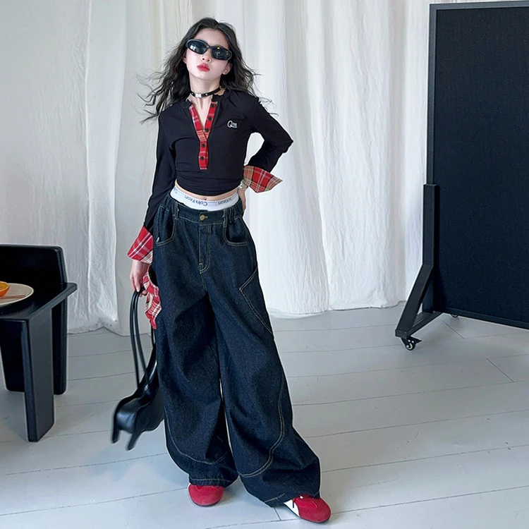 [麦哆哆」女童中大童春季百搭上衣韩版潮酷拼接格子牛仔裤套装