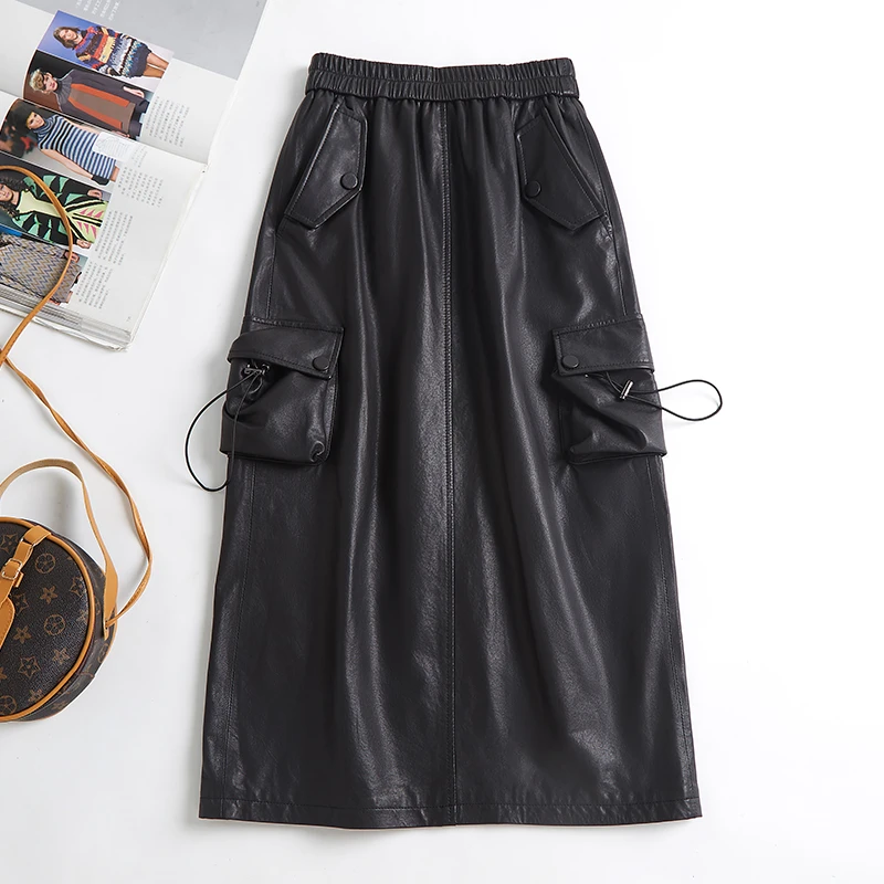 2025新款海宁真皮皮裙女半身裙长裙工装裙时尚百搭松紧裙