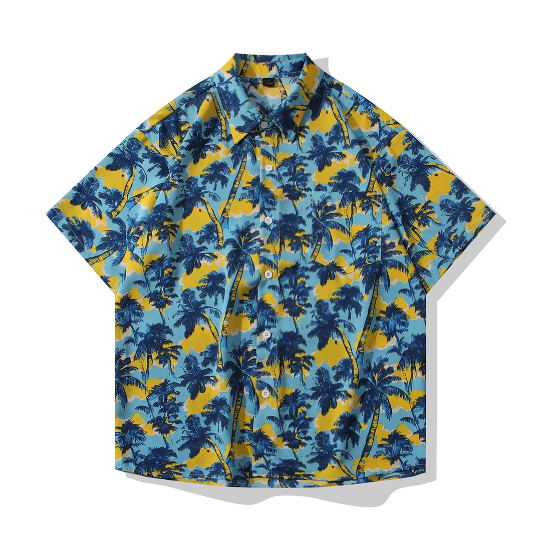 夏威夷度假冰丝花衬衫男士宽松休闲港风椰树薄款凉感时尚夏季衬衣