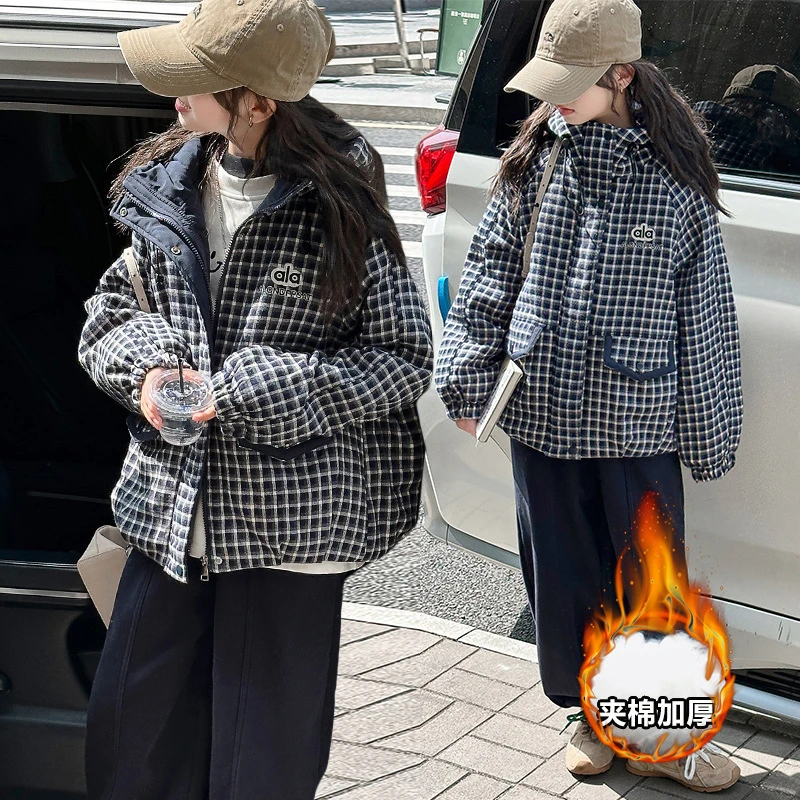 洋气百搭休闲学生女童棉袄儿童服装宽松韩系格纹连帽冬季棉服2025