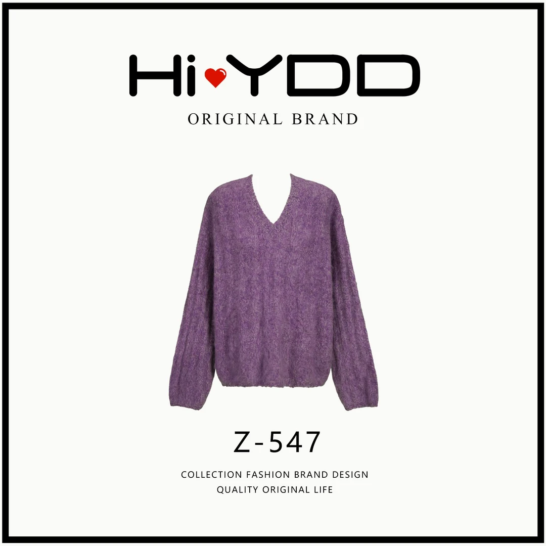 YDD•「Z-547」秋冬套头宽松紫色韵味羊绒毛拉毛慵懒风v领上衣D-9101