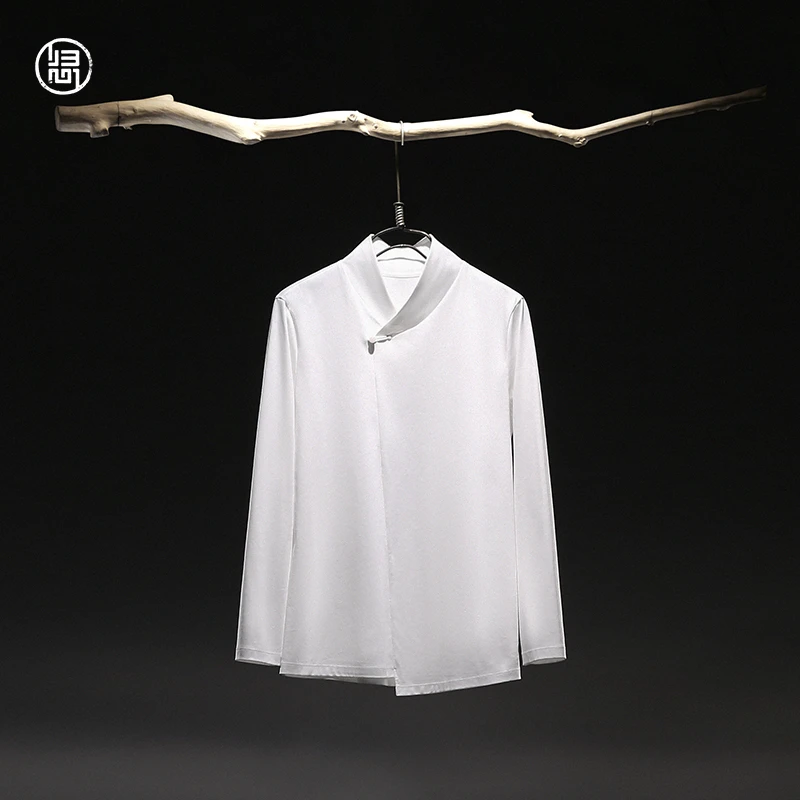 归心国风男装 春秋季男士 丝绵混纺 新中式交叠汉服领 长袖T恤