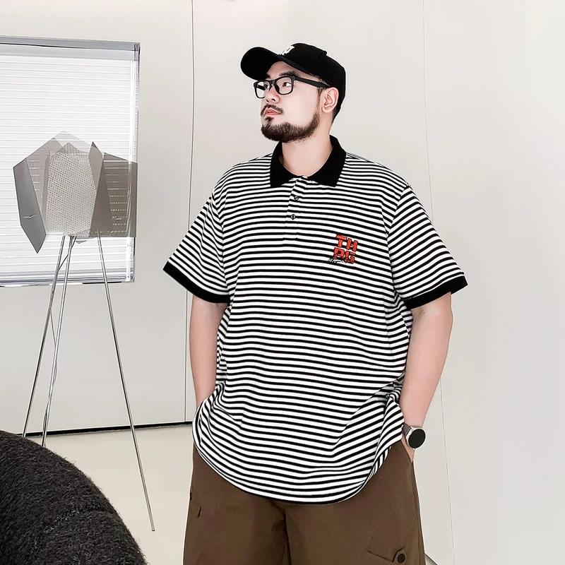 潮牌大码男装2025夏宽松条纹短袖polo衫胖子加肥加大半袖休闲百搭