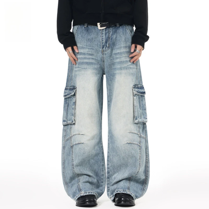 美式dirtyfit宽松弯刀水洗牛仔裤男春季潮牌多口袋工装阔腿休闲裤