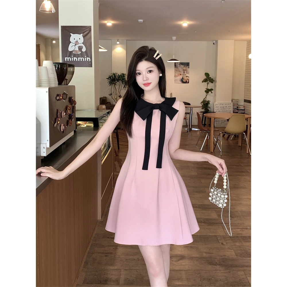 大码小香风粉色蝴蝶结挂脖连衣裙女夏季法式收腰千金风荷叶边a字