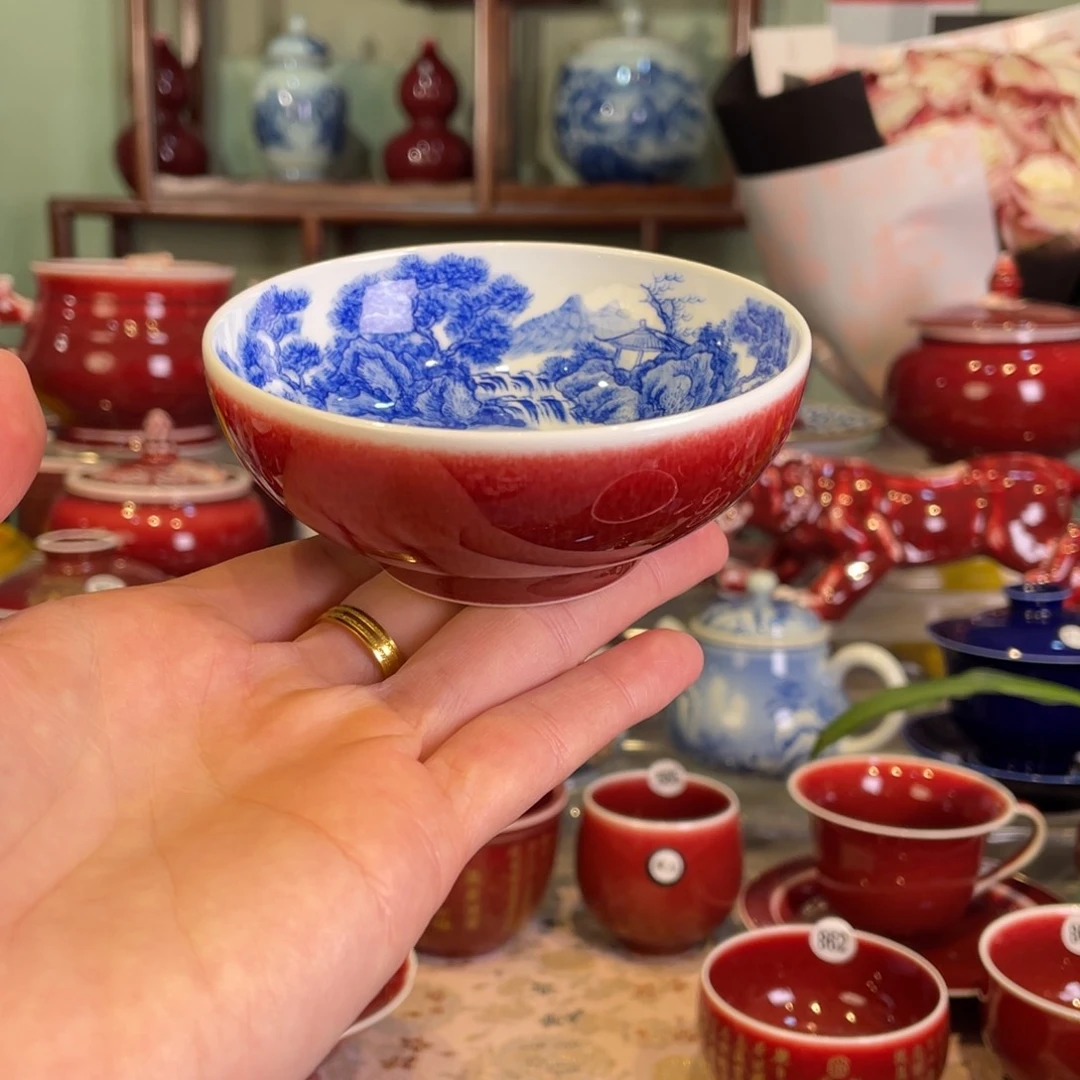 飞***3清欢雅玩原矿郎红精品内绘山水普洱杯