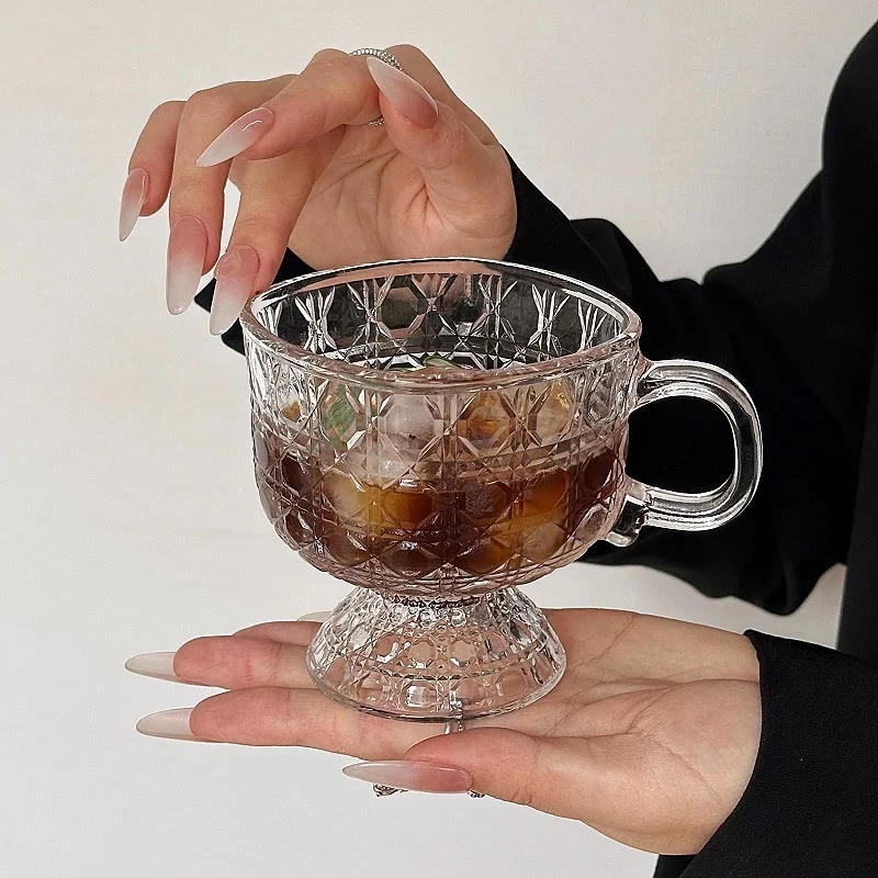 高颜值复古早餐杯玻璃杯子家用牛奶杯奶茶水杯浮雕透明咖啡杯