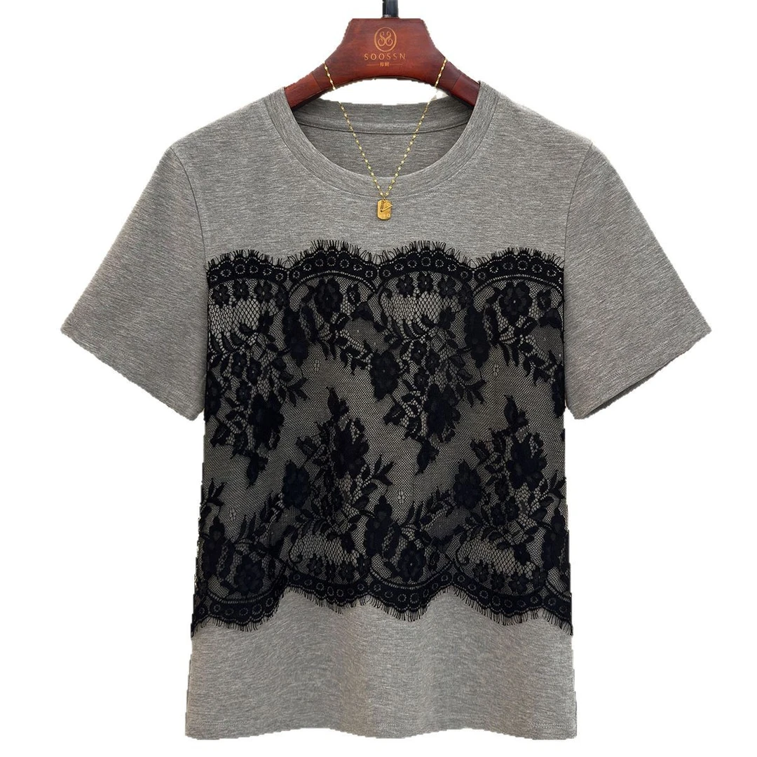 欧洲站2025夏季新款高品质时尚圆领拼蕾丝假两件洋气显瘦短袖t恤