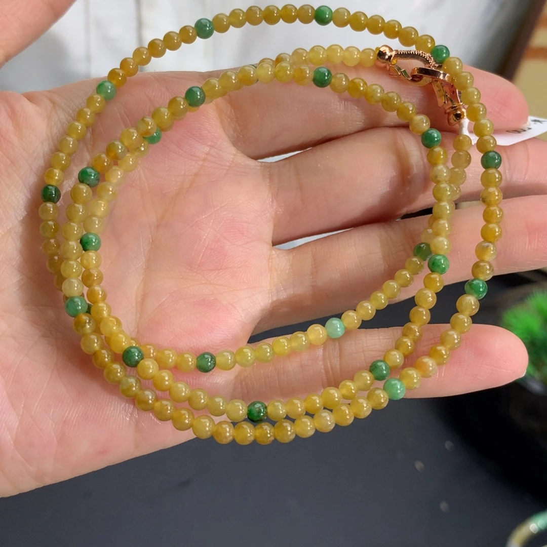 翡翠未镶嵌手串卡3.5胶润黄绿项链