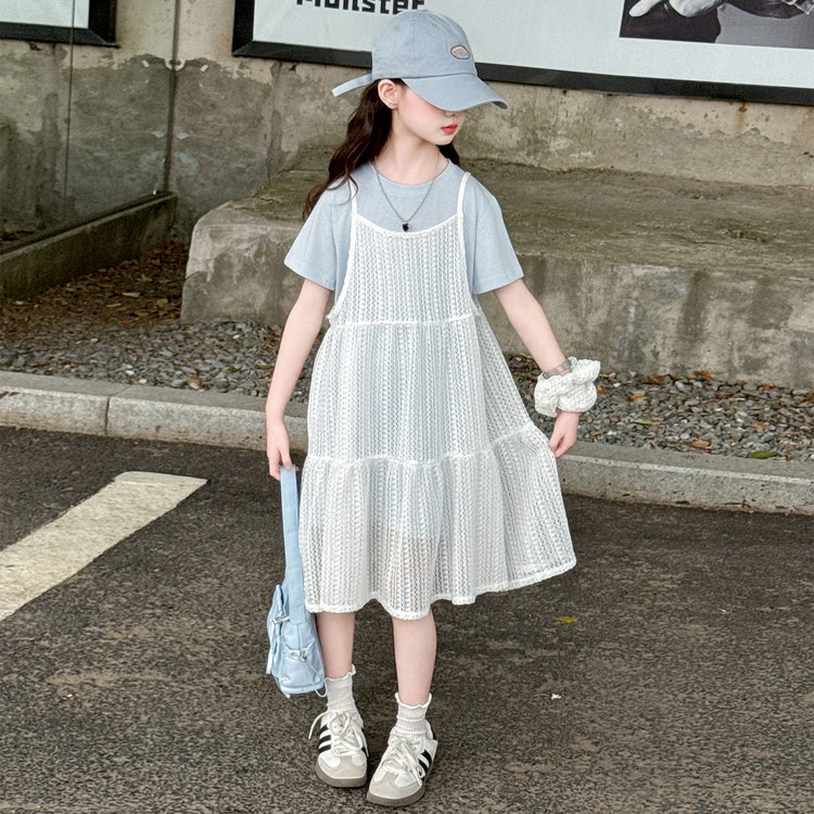 女童时尚洋气儿童夏季长款短袖女孩网纱裙套装2025中大童5-15岁潮