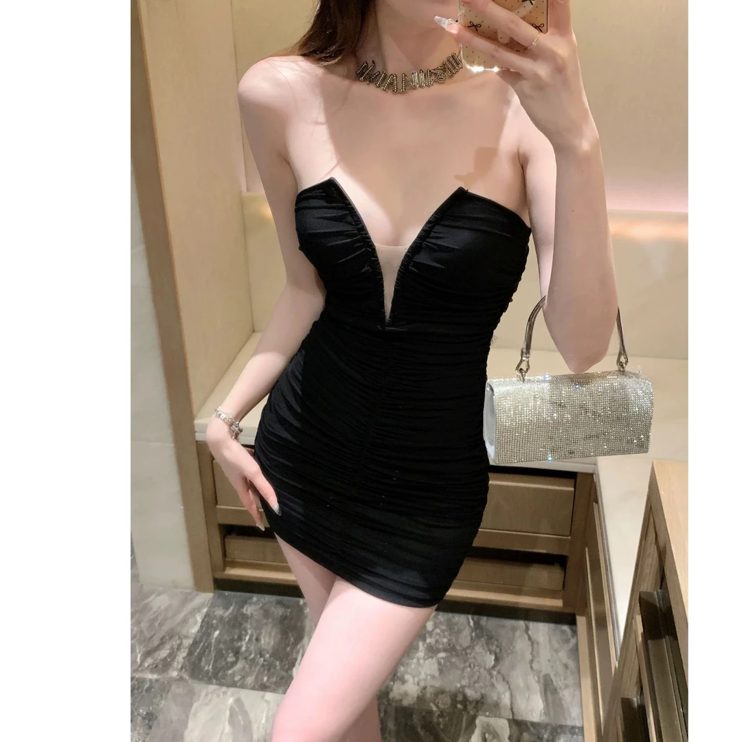 法式复古名媛风深色优雅V领抹胸裙女春季新款修身层次感连衣裙女