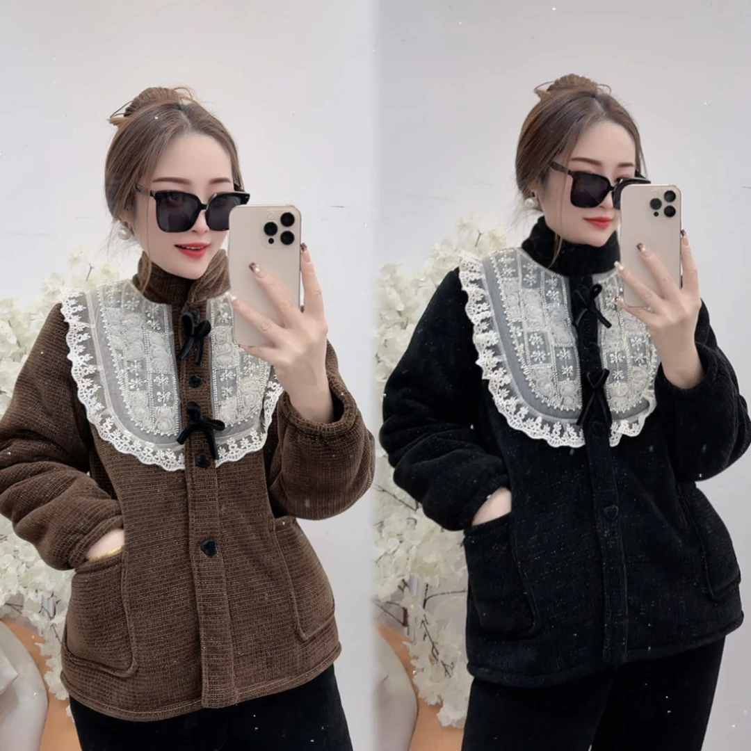 4514 冬季新款轻奢重工蕾丝花边可外穿三层加棉加厚家居服套装