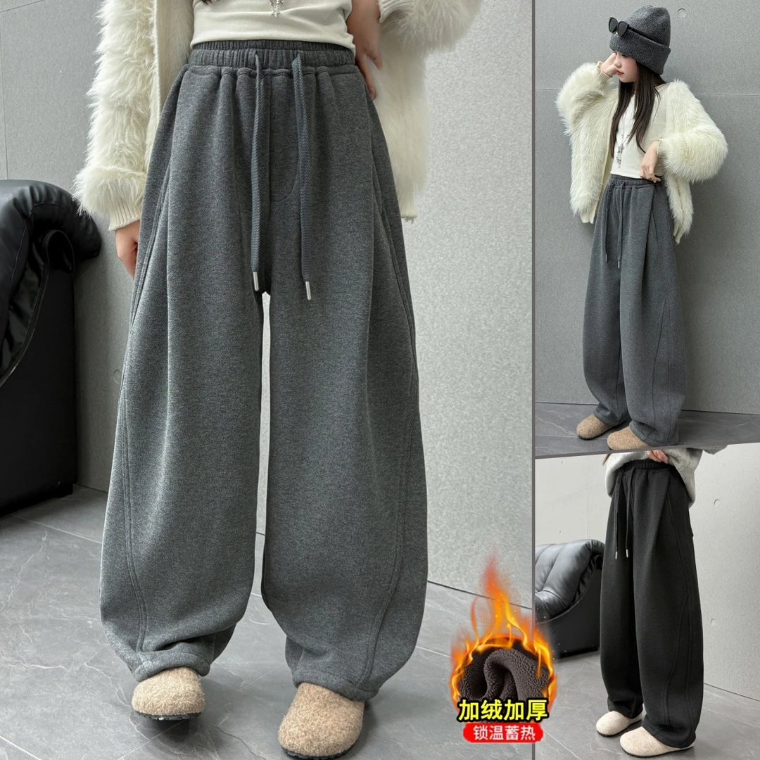 女童加绒裤子冬季女大童学生阔腿休闲裤加绒卫裤韩系加厚弯刀裤潮