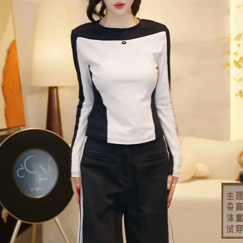 2025新款秋季设计师高定腰线拼色显瘦长袖打底衫T恤LK2505761