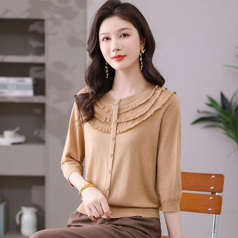 允山黛2025春夏新款薄款中袖套头衫上衣女圆领洋气时尚宽松妈妈装