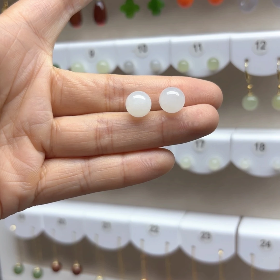 和田玉银S925镶嵌耳饰10m m