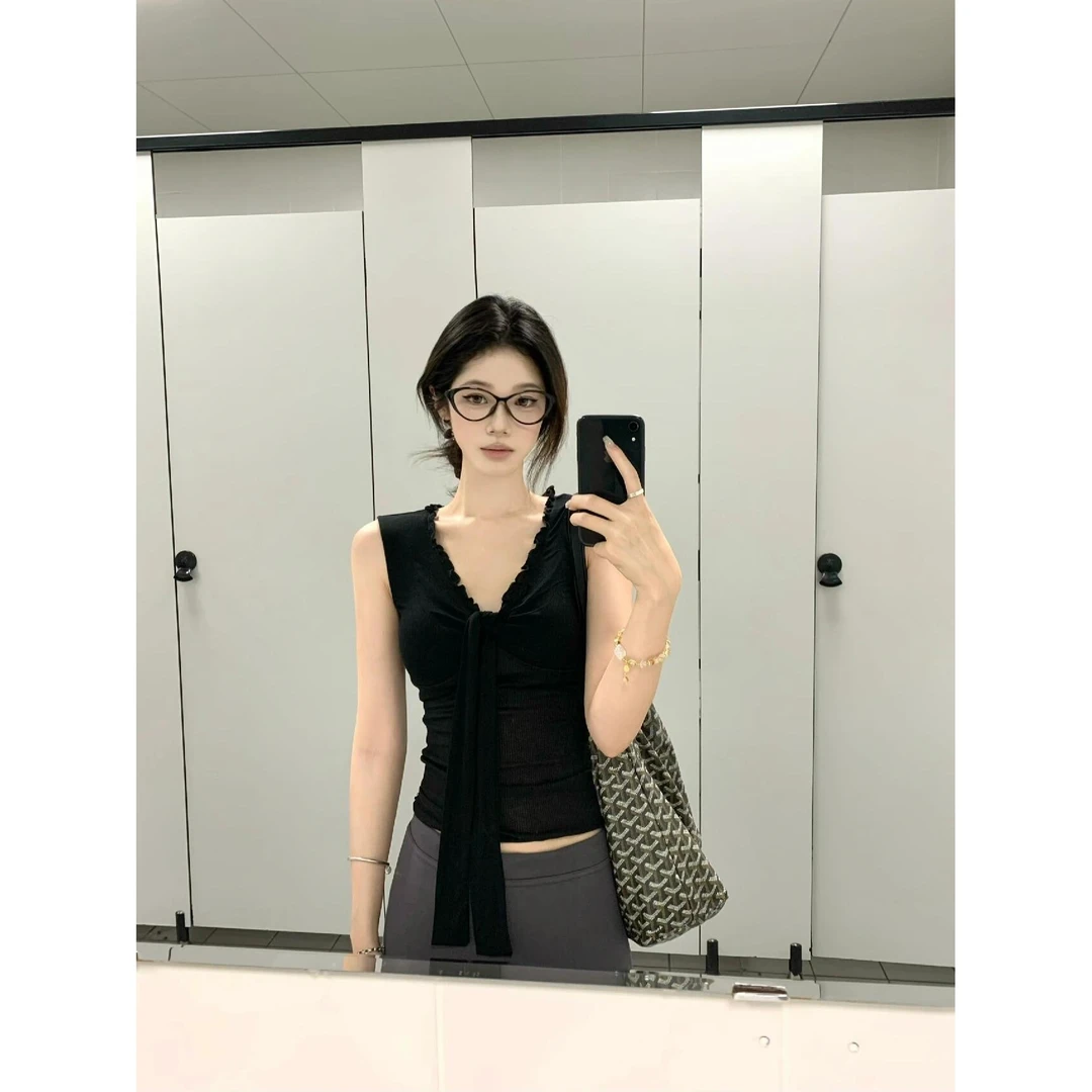 2025夏季新款韩系时尚气质拼接v领木耳边飘带背心吊带洋气衣服女