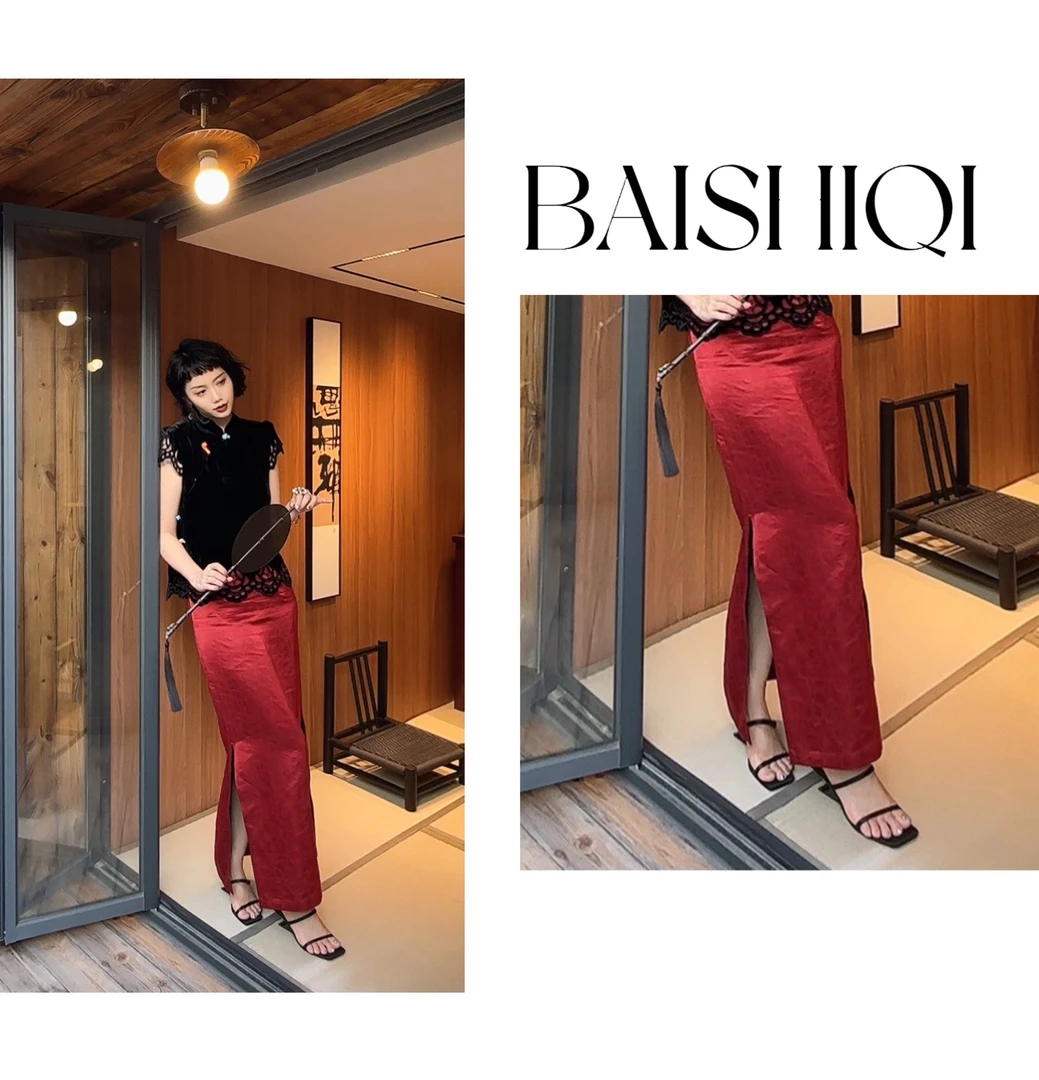 BAISHIQI【赤焰】NEW 新中式国风开叉显瘦半身裙B03282