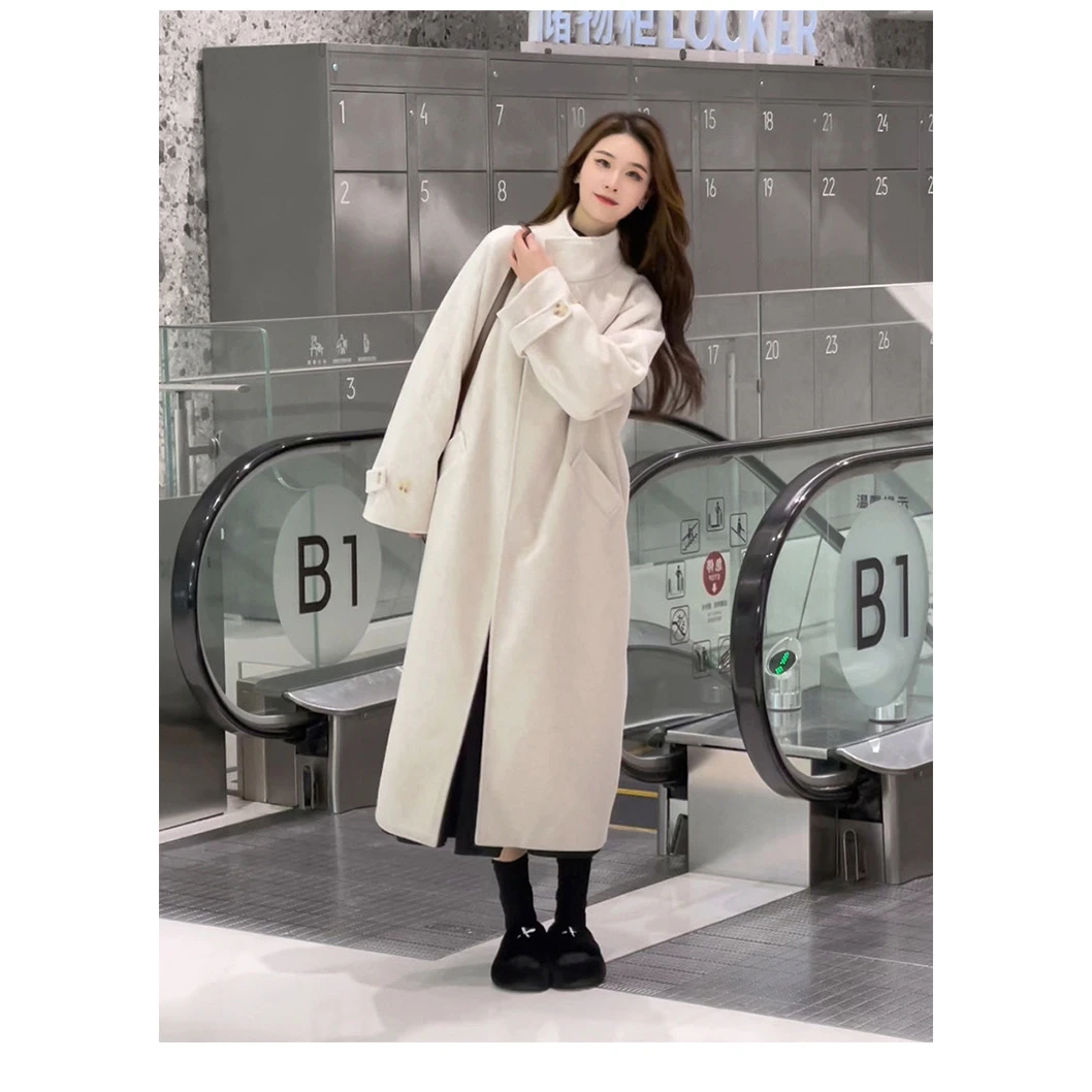 B44高级感大衣女冬季新款加厚立领宽松中长款小个子