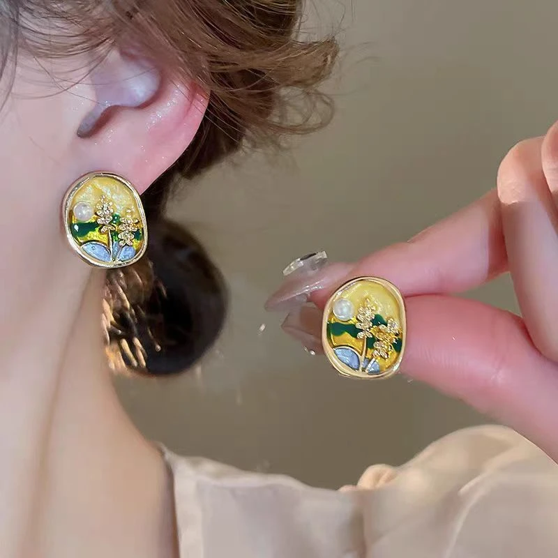 复古小众滴油椭圆油画花朵 耳钉法式时尚气质高级感耳钉女