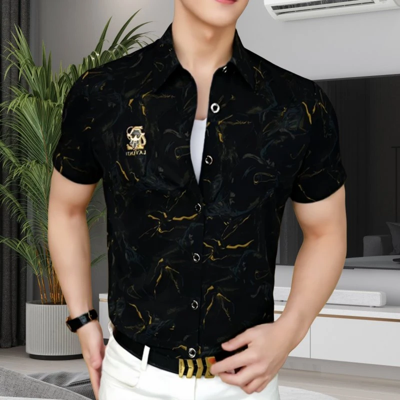 《金纹佛爷》2025夏衬衫时尚个性男士商务休闲百搭潮流修身翻领帅气