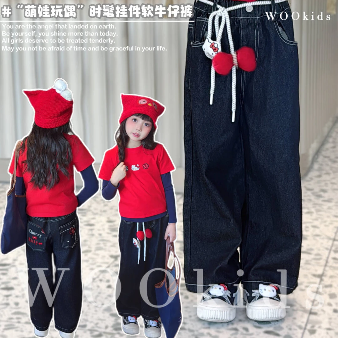 现货-WOOkids8【樱桃猫咪】亲子兄妹童装高定牛仔裤长裤 W25071306