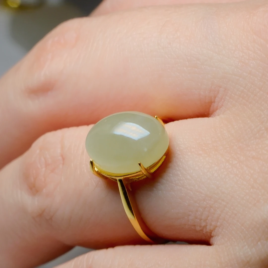 S925银镀金镶嵌银戒和田玉晴水色戒指大蛋面（14*10mm)014