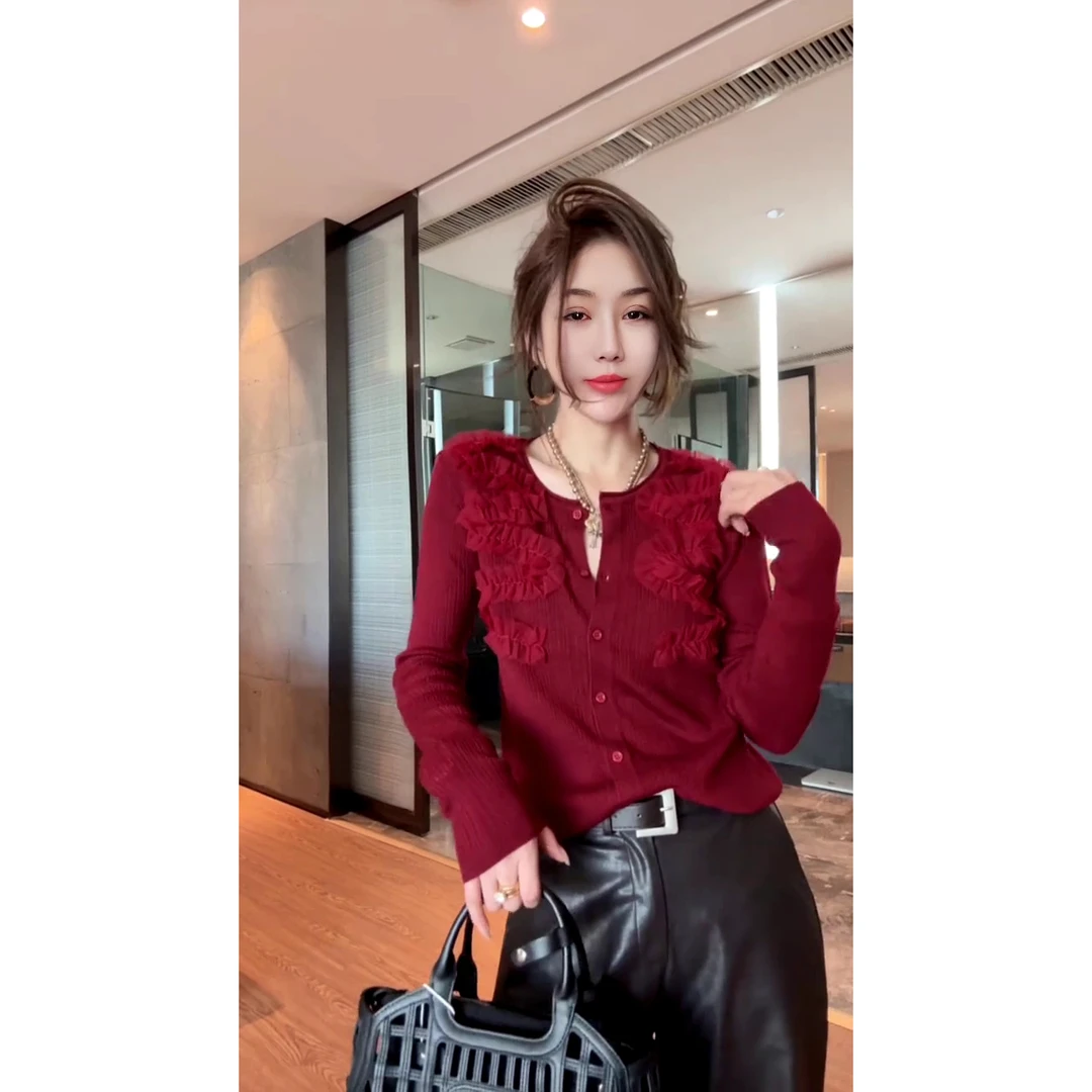 欧货新款气质木耳花边拼接长袖开衫