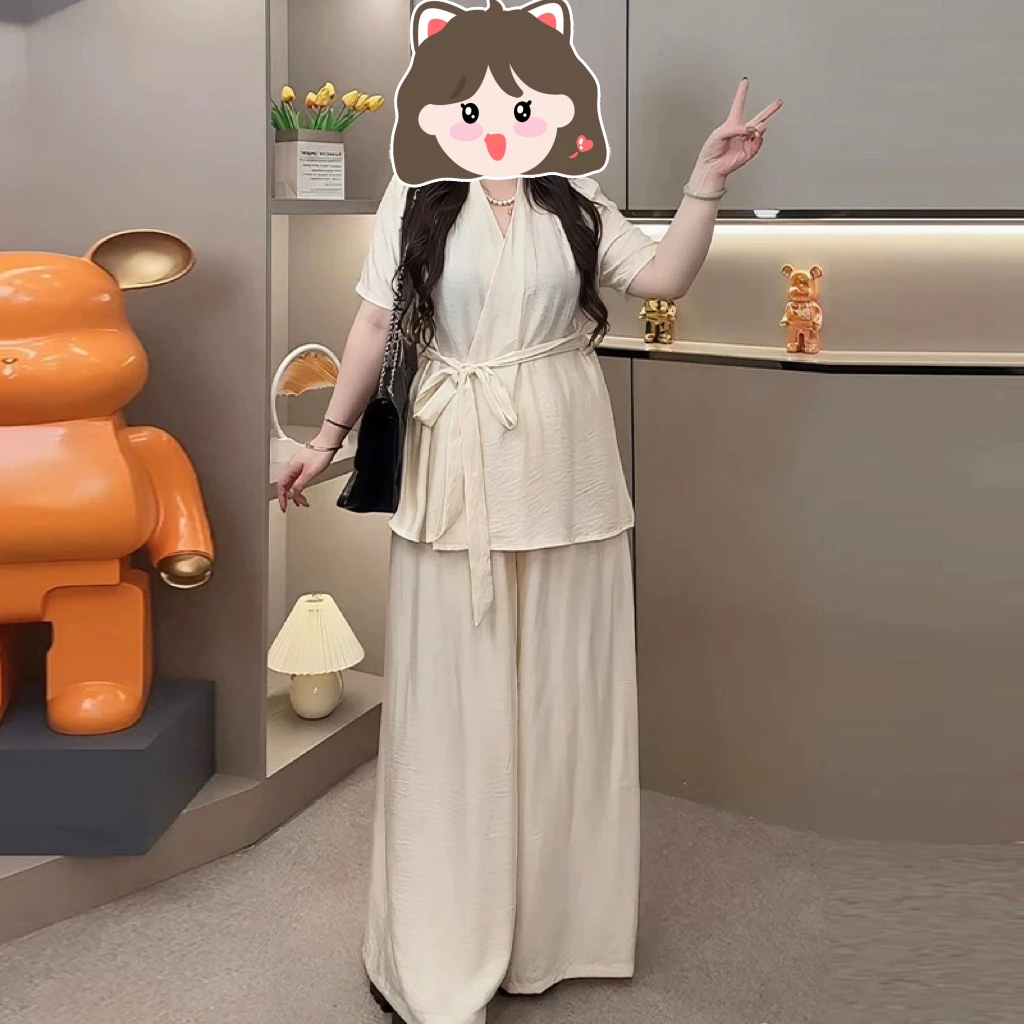 孙优秀推荐轻熟风大码首选系带上衣➕阔腿裤套装