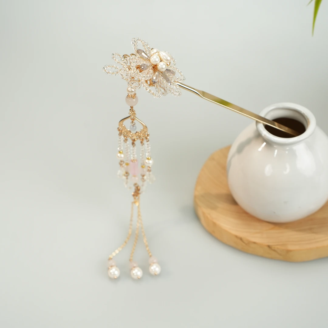 古悦倾城【雪花发簪】缉珠手工编织古风长流苏发簪中国风汉服发饰