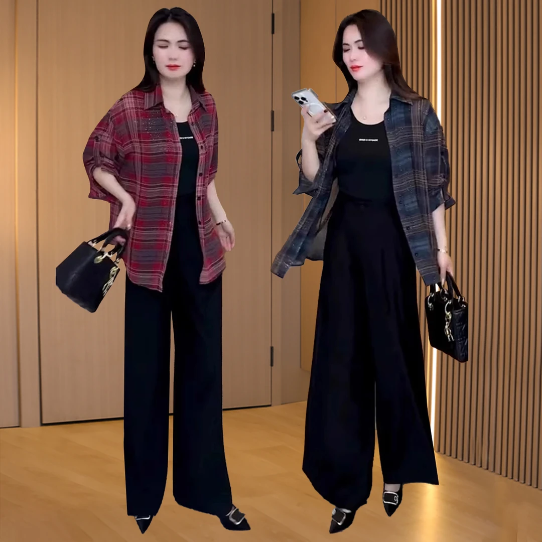 【可蓓儿】时尚洋气格纹衬衫女装春季2025新款大码宽松显瘦后开叉设